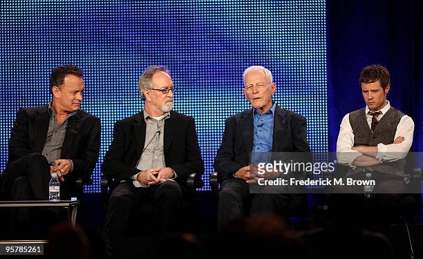 Executive producers Tom Hanks, Gary Goetzman, Dr. Sidney Phillips, and actor Ashton Holmes of "The Pacific" speak during the HBO portion of the 2010...