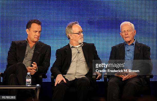 Executive producers Tom Hanks, Gary Goetzman, and Dr. Sidney Phillips of "The Pacific" speak during the HBO portion of the 2010 Television Critics...