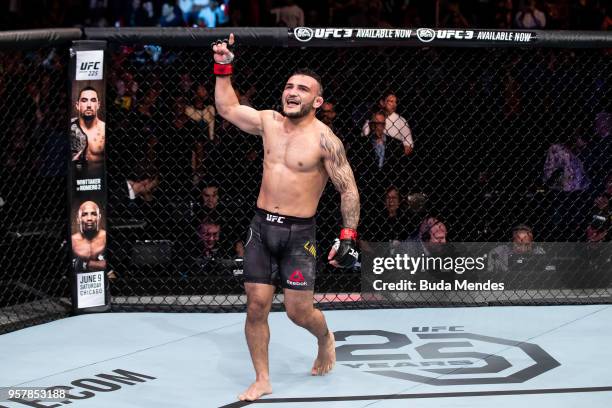 John Lineker of the Brazil celebrates victory over Brian Kelleher of the United States in their bantamweight bout during the UFC 224 event at...