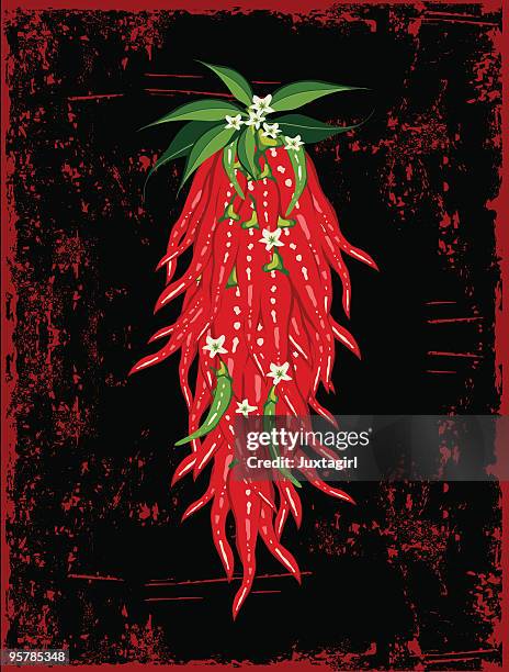 bunch of chili peppers on grungy background - tex mex stock illustrations