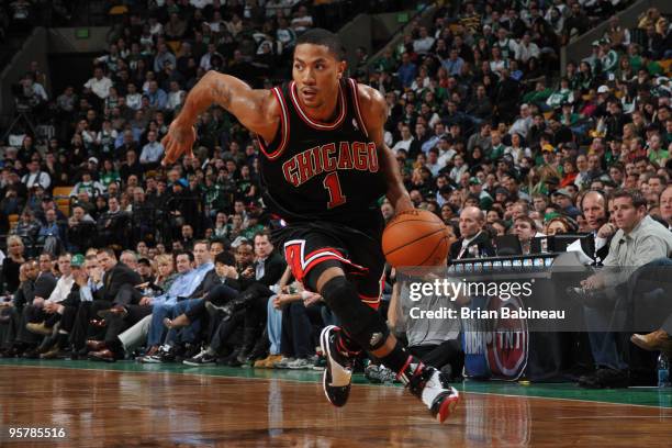 Derrick Rose of the Chicago Bulls dribbles the ball during the game against the Boston Celtics on January 14, 2010 at the TD Garden in Boston,...