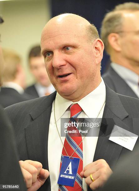 Microsoft CEO Steve Ballmer talks with an unidentified person as he awaits to hear U.S. President Barack Obama deliver remarks at the House...