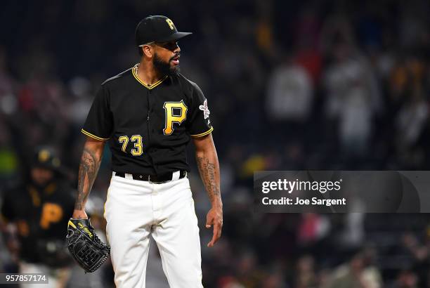 Felipe Vazquez of the Pittsburgh Pirates reacts after a 6-5 win over the San Francisco Giants at PNC Park on May 12, 2018 in Pittsburgh, Pennsylvania.