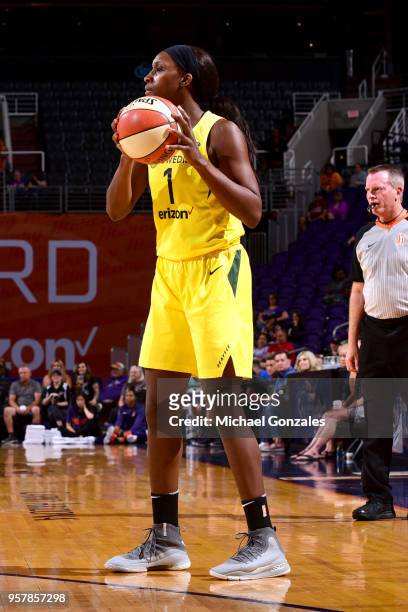 Crystal Langhorne of the Seattle Storm handles the ball against the Phoenix Mercury during a pre-season game on May 12, 2018 at Talking Stick Resort...