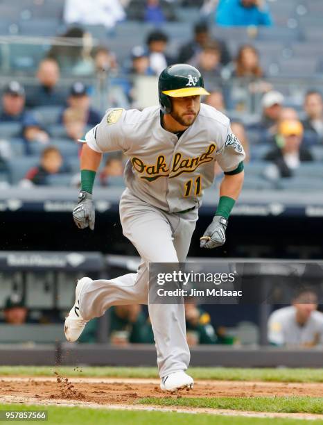 Dustin Fowler of the Oakland Athletics in action against the New York Yankees at Yankee Stadium on May 12, 2018 in the Bronx borough of New York...