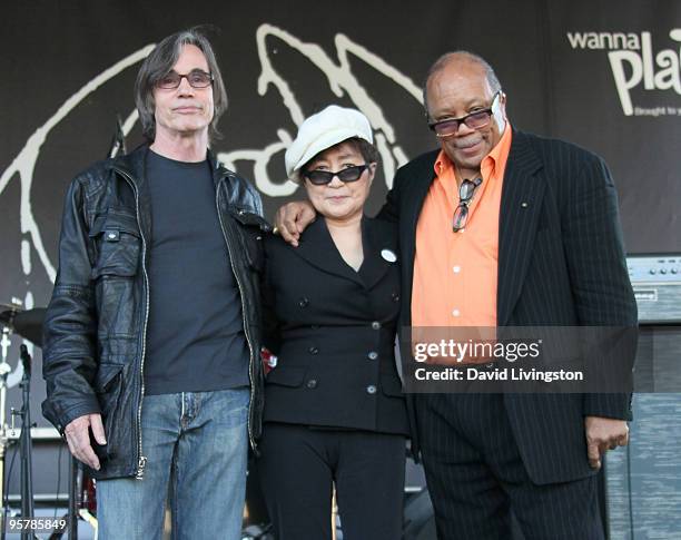 Musicians Jackson Browne, Yoko Ono and Quincy Jones appear on stage in support of the John Lennon Educational Tour Bus at the 2010 NAMM Show - Day 1...