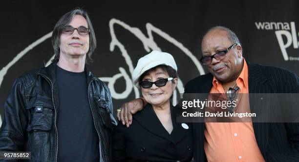 Musicians Jackson Browne, Yoko Ono and Quincy Jones appear on stage in support of the John Lennon Educational Tour Bus at the 2010 NAMM Show - Day 1...