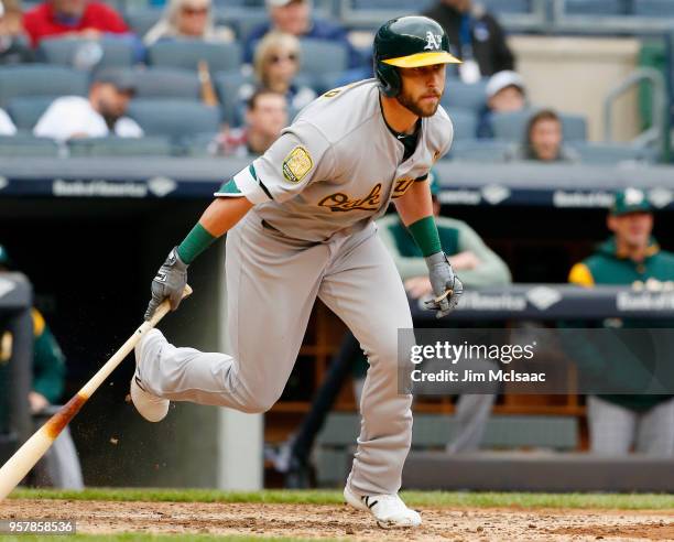 Dustin Fowler of the Oakland Athletics in action against the New York Yankees at Yankee Stadium on May 12, 2018 in the Bronx borough of New York...