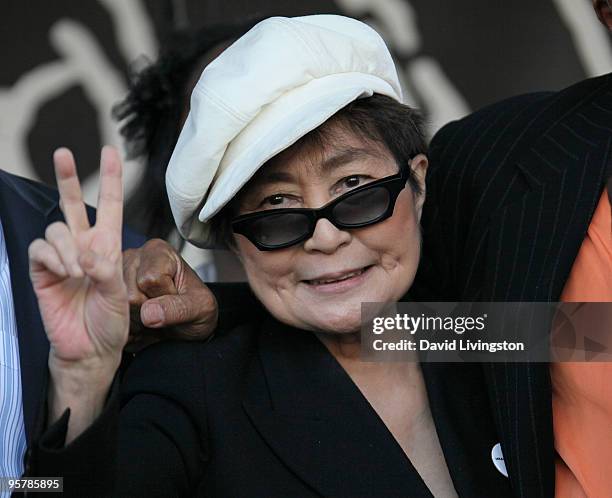 Musician Yoko Ono appears on stage in support of the John Lennon Educational Tour Bus at the 2010 NAMM Show - Day 1 at the Anaheim Convention Center...