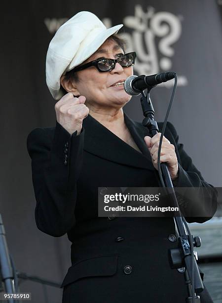 Musician Yoko Ono appears on stage in support of the John Lennon Educational Tour Bus at the 2010 NAMM Show - Day 1 at the Anaheim Convention Center...