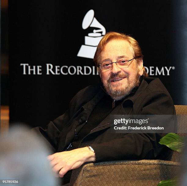 Producer Phil Ramone addresses an audience during the GRAMMY SoundTable: Up Close and Personal With Phil Ramone at Ocean Way Studio on January 14,...