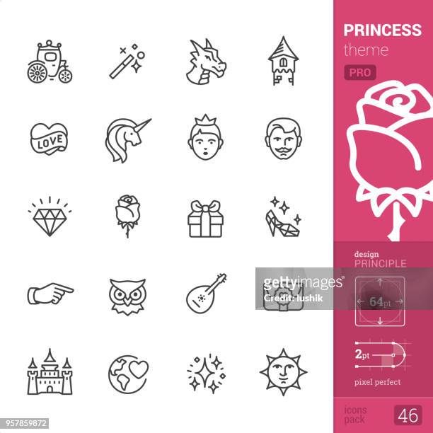 ilustraciones, imágenes clip art, dibujos animados e iconos de stock de princesa - esquema de iconos - conjunto de pro - unicorn