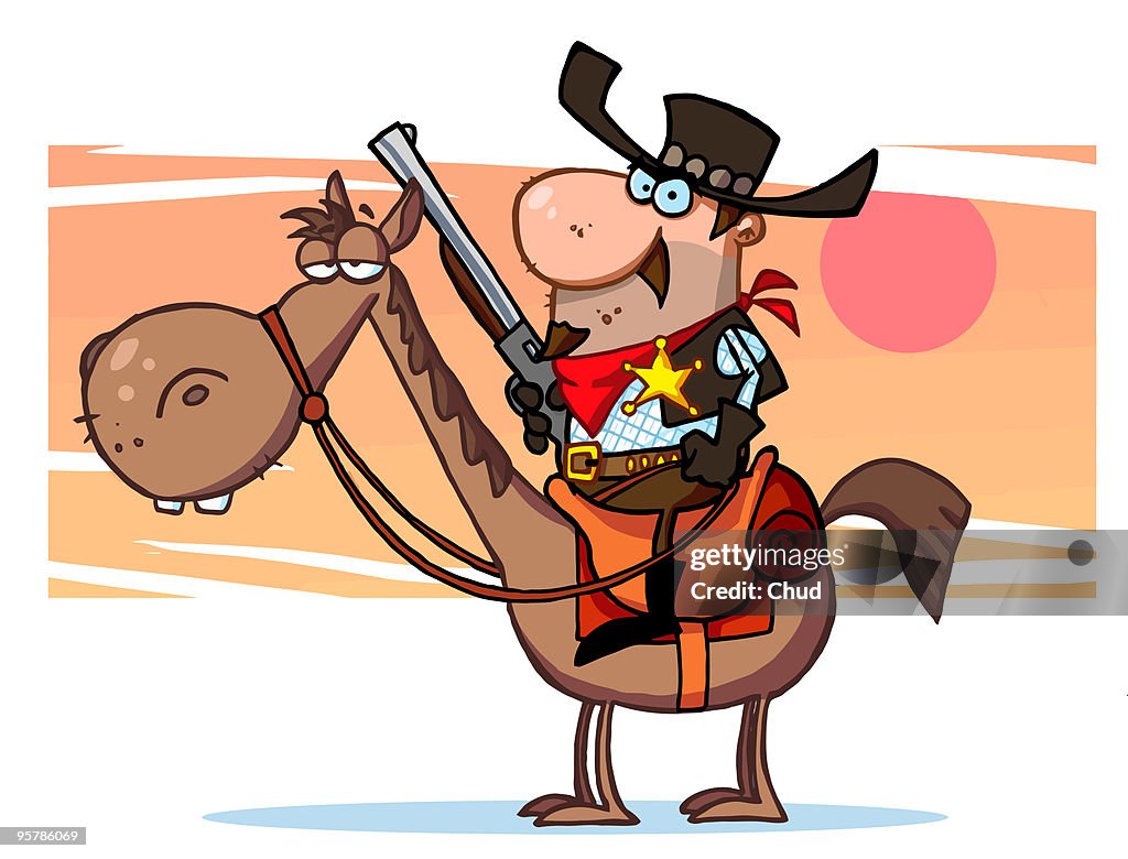 Cartoon Character Sheriff With Gun On Horse