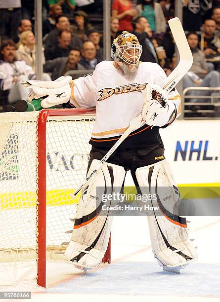Jean-Sebastien Giguere of the Anaheim Ducks enters the game to replace Jonas Hiller trailing 3-0 against the Los Angeles Kings during the second...