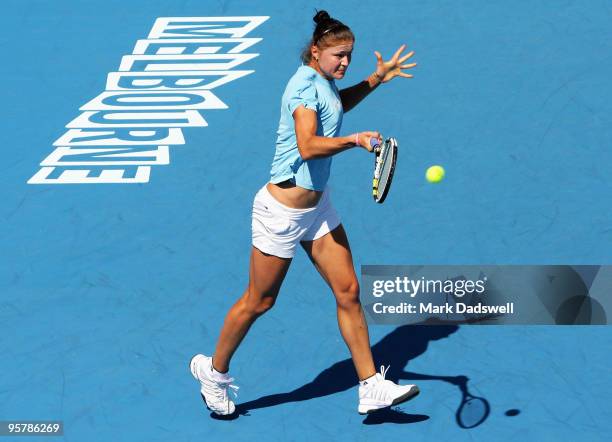 Dinara Safina of Russia hits a forehand during a practice session ahead of the 2010 Australian Open at Melbourne Park on January 15, 2010 in...