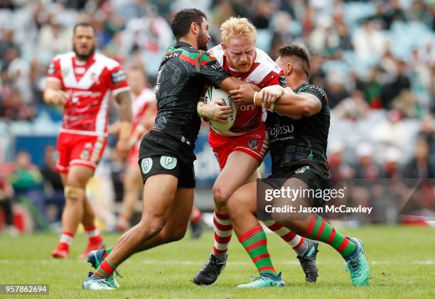 James Graham of the Dragons is tackled during the round 10 NRL match between the South Sydney Rabbitohs and the St George Illawarra Dragons at ANZ...