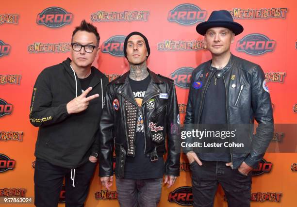 Mark Hoppus, Travis Barker, and Matt Skiba of blink-182 attend KROQ Weenie Roast 2018 at StubHub Center on May 12, 2018 in Carson, California.