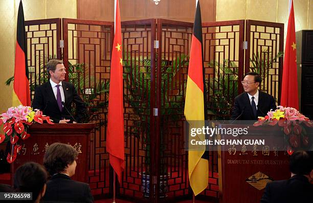 Chinese Foreign Minister Yang Jiechi and German Foreign Minister Guido Westerwelle attend a joint press conference at the Diaoyutai state guest house...