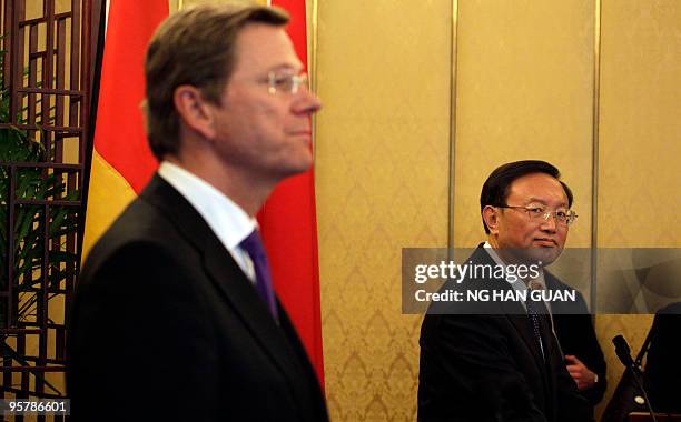 Chinese Foreign Minister Yang Jiechi and German Foreign Minister Guido Westerwelle attend a joint press conference at the Diaoyutai state guest house...