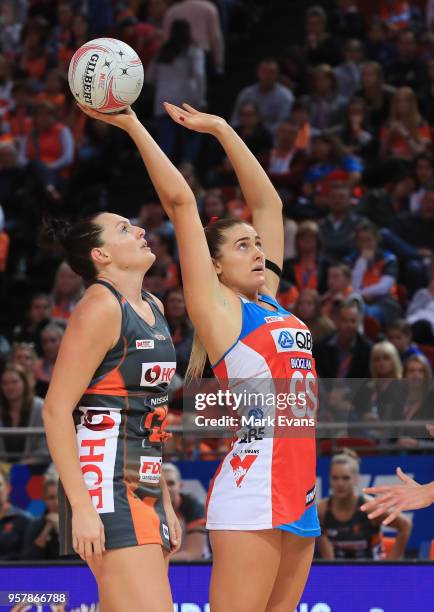 Sophie Garbin of the Swifts shoots during the round three Super Netball match between the NSW Swifts and Giants Netball at Qudos Bank Arena on May...