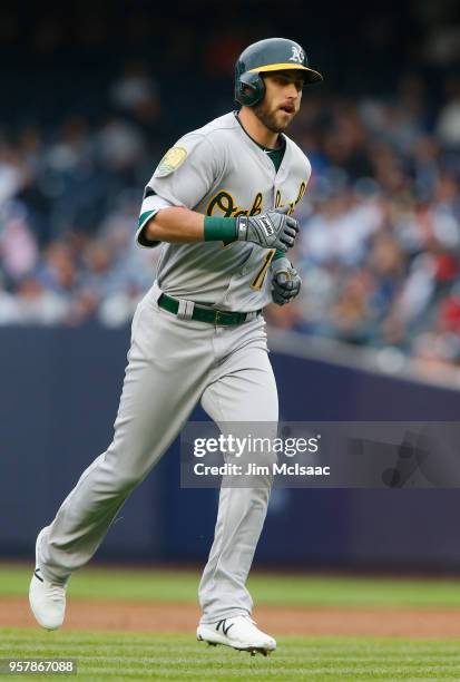 Dustin Fowler of the Oakland Athletics in action against the New York Yankees at Yankee Stadium on May 12, 2018 in the Bronx borough of New York...