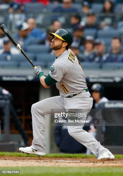 Dustin Fowler of the Oakland Athletics in action against the New York Yankees at Yankee Stadium on May 12, 2018 in the Bronx borough of New York...