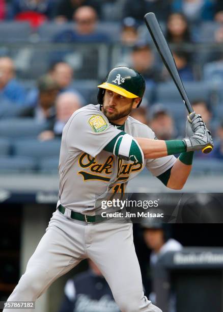 Dustin Fowler of the Oakland Athletics in action against the New York Yankees at Yankee Stadium on May 12, 2018 in the Bronx borough of New York...