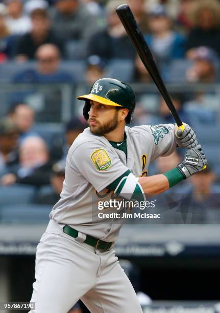 Dustin Fowler of the Oakland Athletics in action against the New York Yankees at Yankee Stadium on May 12, 2018 in the Bronx borough of New York...