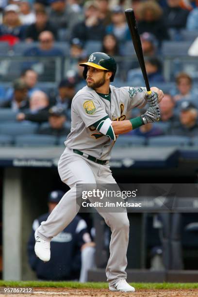 Dustin Fowler of the Oakland Athletics in action against the New York Yankees at Yankee Stadium on May 12, 2018 in the Bronx borough of New York...