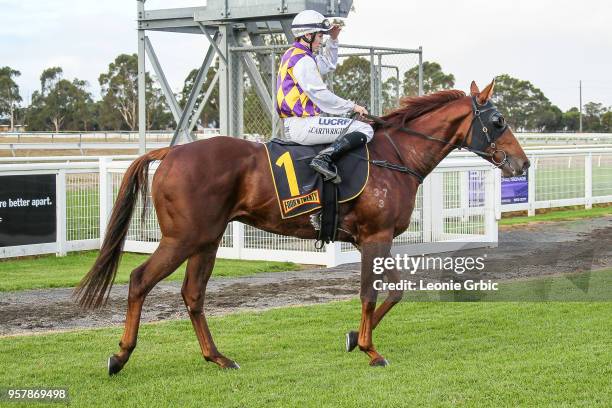 Smooth Hustler ridden by Georgina Cartwright returns after winning the Frais Farms C,G&E BM58 Handicap at Bairnsdale Racecourse on May 13, 2018 in...