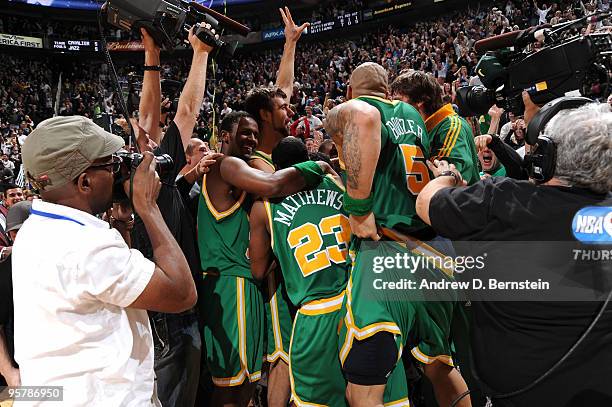 The Utah Jazz celebrate after defeating the Cleveland Cavaliers on January 14, 2010 at EnergySolutions Arena in Salt Lake City, Utah. NOTE TO USER:...