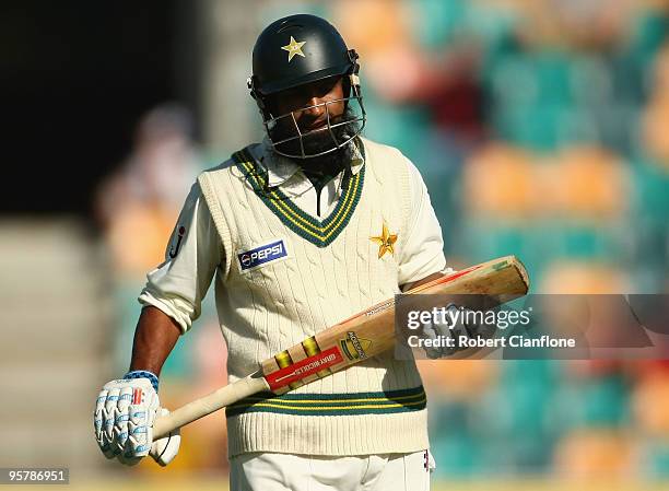 Mohammad Yousuf of Pakistan walks back to the rooms after he was run out during day two of the Third Test match between Australia and Pakistan at...