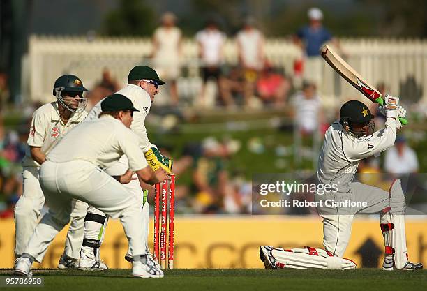 Shoaib Malik of Pakistan bats during day two of the Third Test match between Australia and Pakistan at Bellerive Oval on January 15, 2010 in Hobart,...