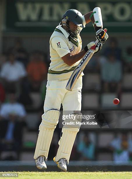 Khurram Manzoor of Pakistan plays a defensive shot during day two of the Third Test match between Australia and Pakistan at Bellerive Oval on January...