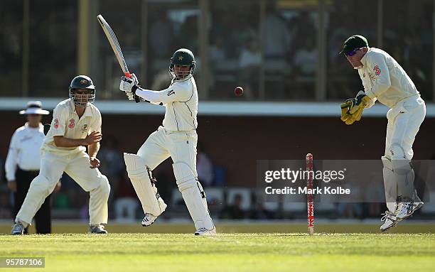 Salman Butt of Pakistan cuts a ball square during day two of the Third Test match between Australia and Pakistan at Bellerive Oval on January 15,...