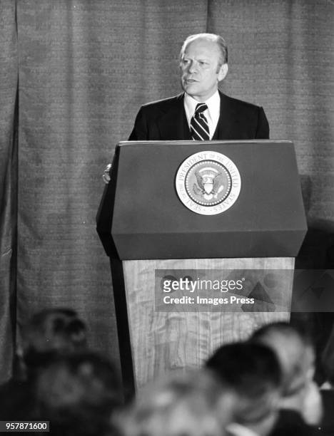 President Gerald Ford speaks on October 4, 1979 in Newark, New Jersey.