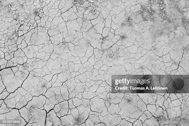 dry and cracked soil ground during drought, viewed from above in black and white - droger stockfoto's en -beelden