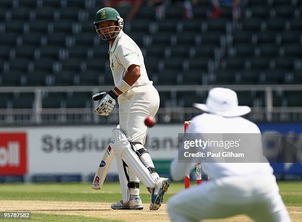 Ashwell Prince of South Africa is caught out by Graeme Swann of England for 19 runs off the bowling of Stuart Broad during day two of the fourth test...
