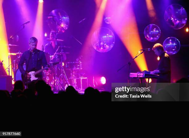 Matthew Caws, Ira Elliot and Doug Gillard of Nada Surf perform at the Teragram Ballroom on May 12, 2018 in Los Angeles, California.