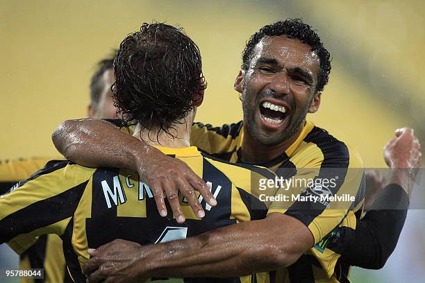 Paul Ifill of the Phoenix celebrates a goal with team mate Jonathan McKain during the round 23 A-League match between the Wellington Phoenix and...