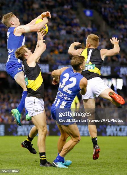 Jack Ziebell of the Kangaroos marks the ball during the round eight AFL match between the North Melbourne Kangaroos and the Richmond Tigers at Etihad...