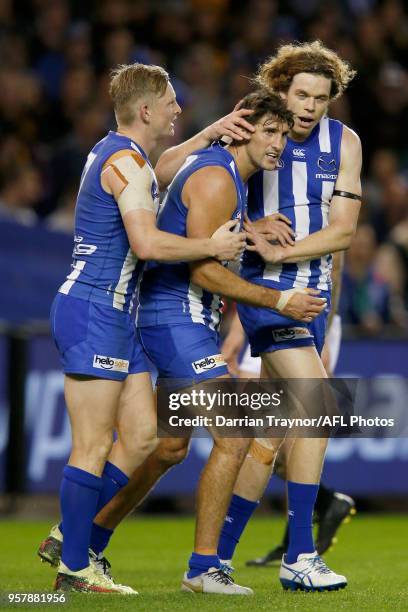 Jarrad Waite of the Kangaroos celebrates a goal during the round eight AFL match between the North Melbourne Kangaroos and the Richmond Tigers at...