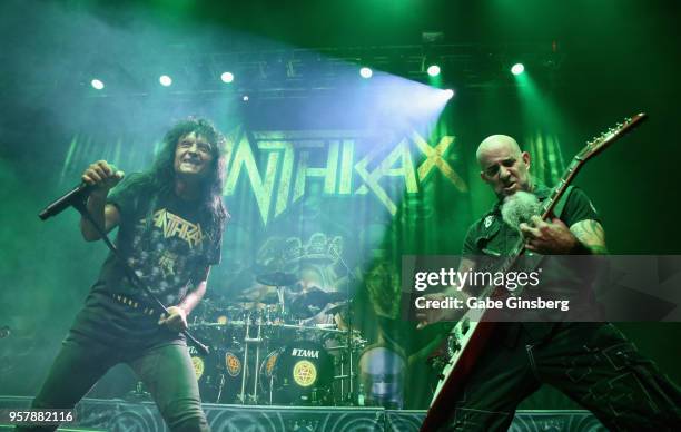 Singer Joey Belladonna, drummer Charlie Benante and guitarist/singer Scott Ian of Anthrax perform at Brooklyn Bowl Las Vegas on May 12, 2018 in Las...