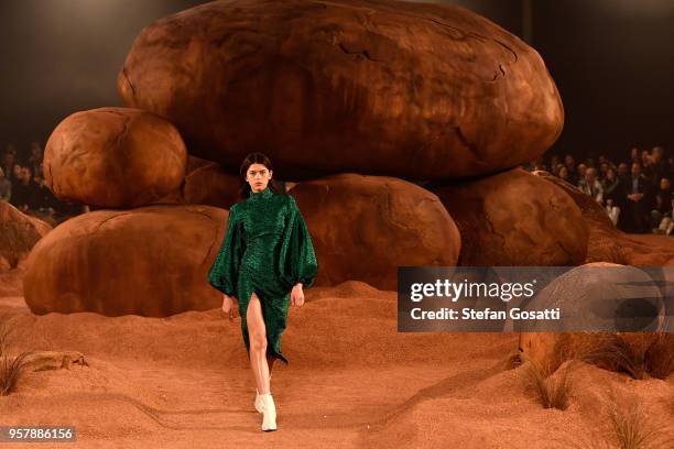 Model Georgia Fowler walks the runway during the Mercedes-Benz Presents Camilla And Marc show at Mercedes-Benz Fashion Week Resort 19 Collections at...