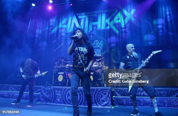 Bassist Frank Bello, singer Joey Belladonna, drummer Charlie Benante and guitarist/singer Scott Ian of Anthrax perform at Brooklyn Bowl Las Vegas on...