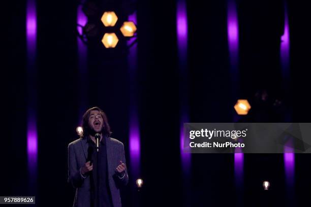 Salvador Sobral, the Portuguese winner of the 2017, performs during the 2018 Eurovision Song Contest Grand Final, at the Altice Arena in Lisbon,...