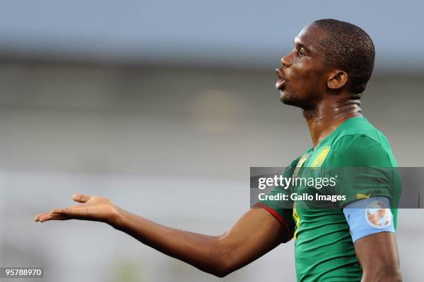 Samuel Eto'o of Cameroon during the Africa Cup of Nations match between Cameroon and Gabon from the Alto da Chela Stadium on January 13, 2010 in...