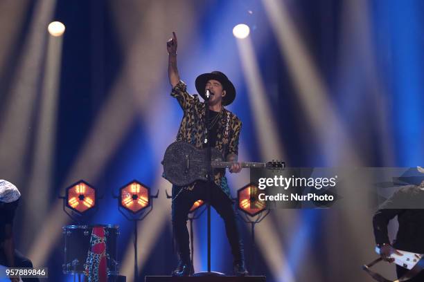 Singer Waylon of The Netherlands performs during the 2018 Eurovision Song Contest Grand Final, at the Altice Arena in Lisbon, Portugal on May 12,...