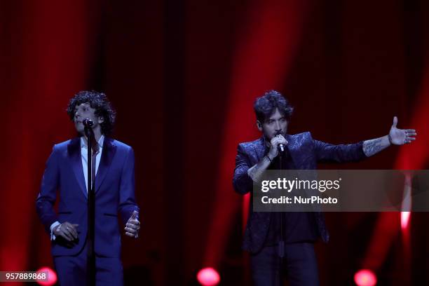 Singers Ermal Meta and Fabrizio Moro of Italy perform during the 2018 Eurovision Song Contest Grand Final, at the Altice Arena in Lisbon, Portugal on...