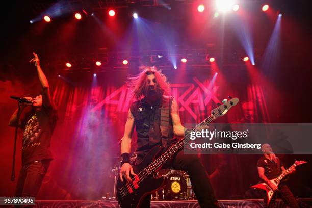 Singer Joey Belladonna, bassist Frank Bello and guitarist/singer Scott Ian of Anthrax perform at Brooklyn Bowl Las Vegas on May 12, 2018 in Las...